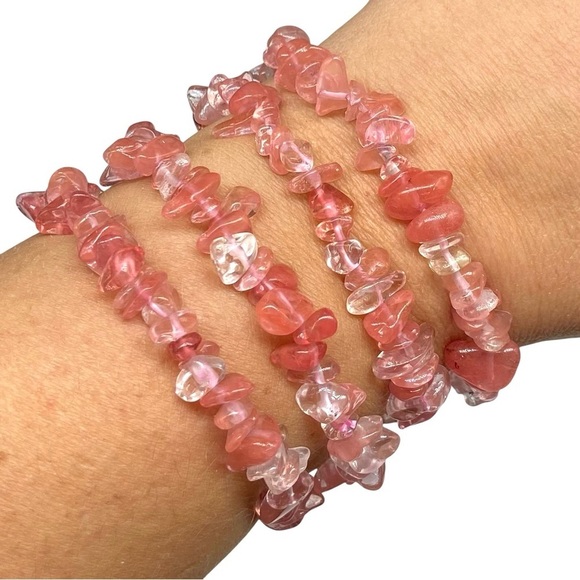 Hand Crafted Jewelry - Cherry Quartz Stretch Bracelet Beaded Gemstone Chip Chips Pink Stacking